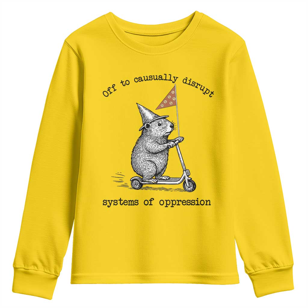 Funny Groundhog Scooter Meme Youth Sweatshirt Off To Causually Disrupt System Of Oppression - Wonder Print Shop