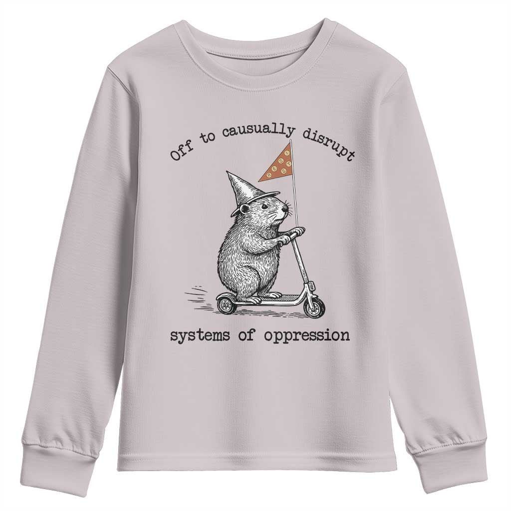 Funny Groundhog Scooter Meme Youth Sweatshirt Off To Causually Disrupt System Of Oppression - Wonder Print Shop