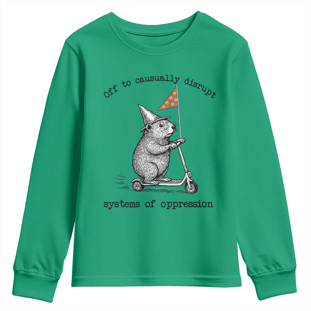 Funny Groundhog Scooter Meme Youth Sweatshirt Off To Causually Disrupt System Of Oppression - Wonder Print Shop