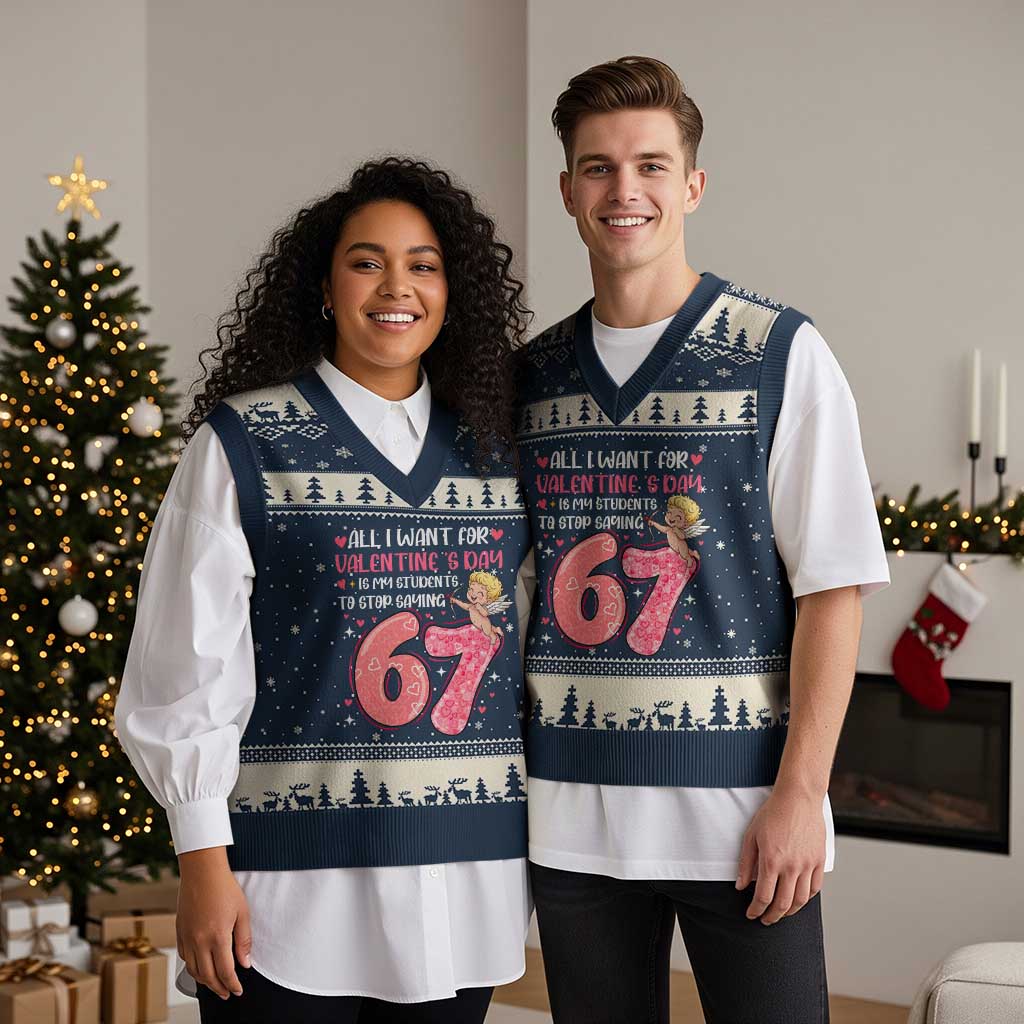 67 Valetines Meme V-Neck Knit Sweater Vest Funny Teacher Sayings Six Seven - Wonder Print Shop