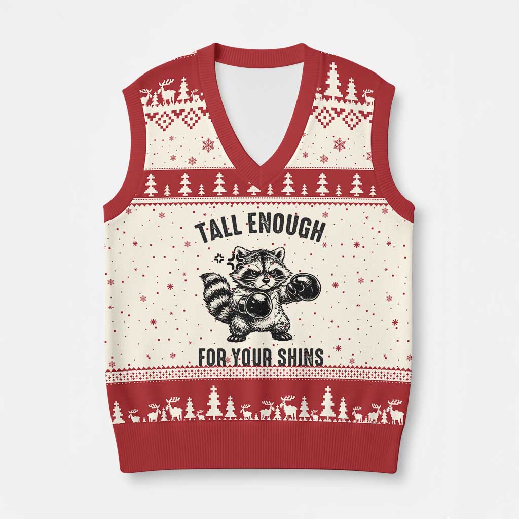 Tall Enough For Your Shins V-Neck Knit Sweater Vest Funny Raccoon Boxing Meme