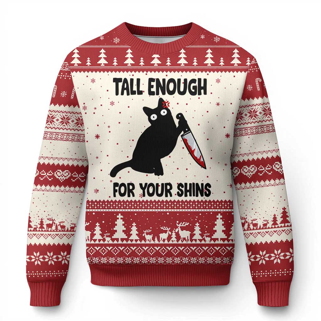 Tall Enough For Your Shins Ugly Christmas Sweater Funny Cat Sarcastic Meme