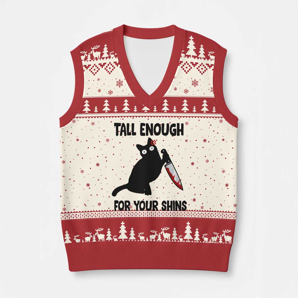 Tall Enough For Your Shins V-Neck Knit Sweater Vest Funny Cat Sarcastic Meme