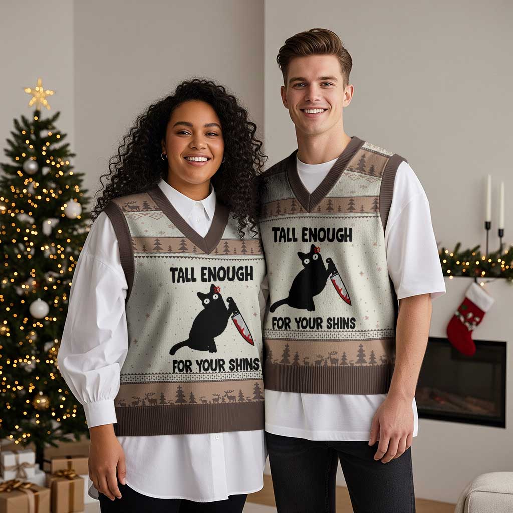 Tall Enough For Your Shins V-Neck Knit Sweater Vest Funny Cat Sarcastic Meme