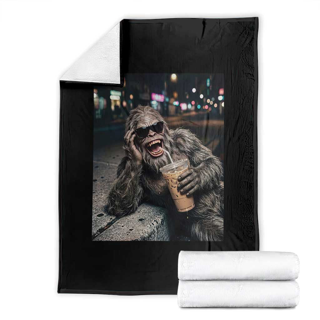 Bigfoot Drinking Iced Coffee Throw Blanket Funny Sasquatch Streetwear