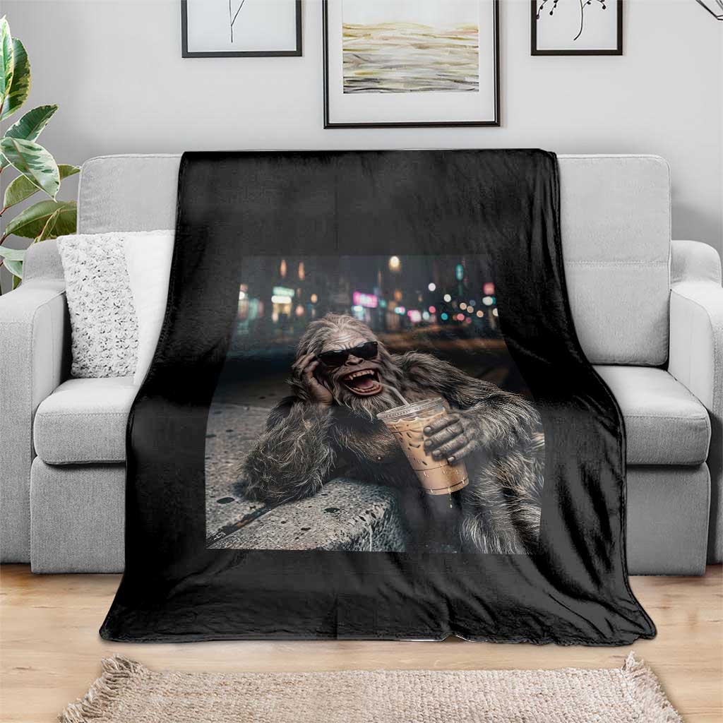 Bigfoot Drinking Iced Coffee Throw Blanket Funny Sasquatch Streetwear