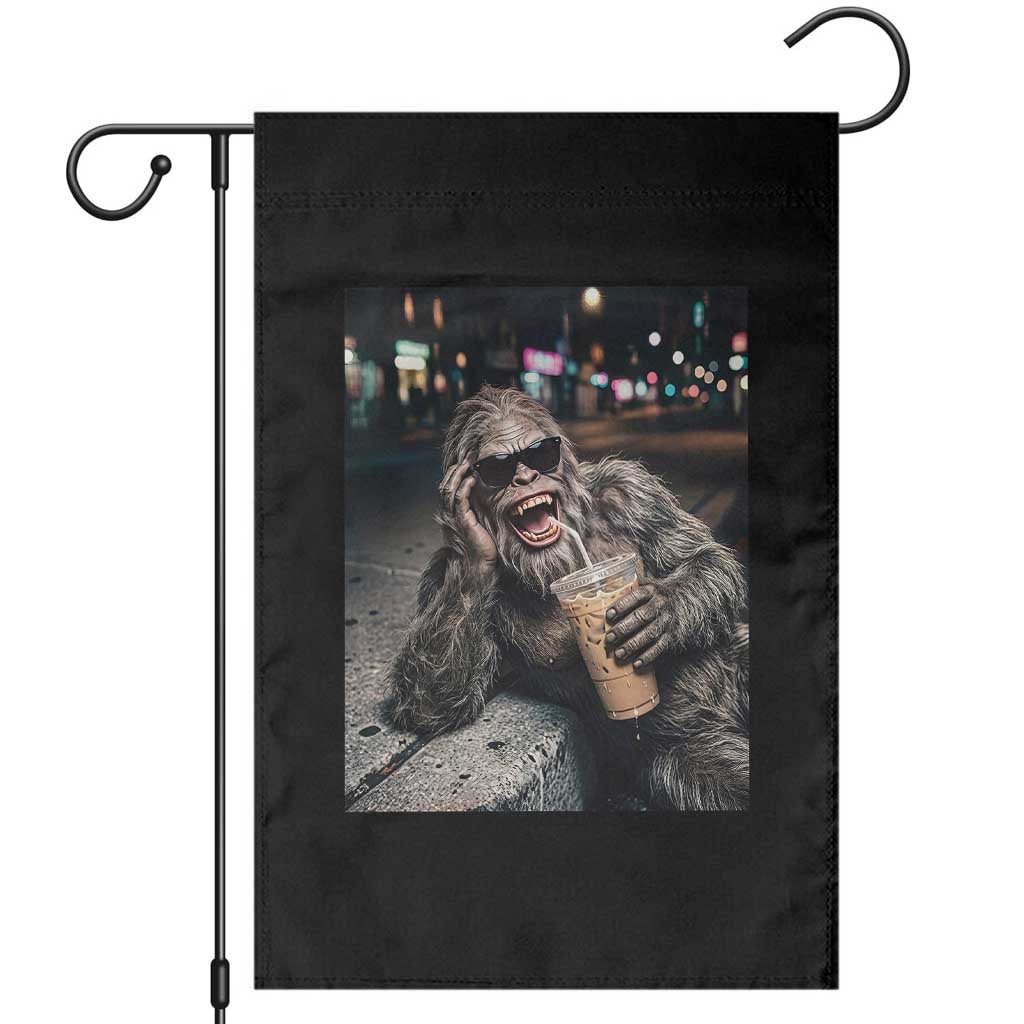 Bigfoot Drinking Iced Coffee Garden Flag Funny Sasquatch Streetwear