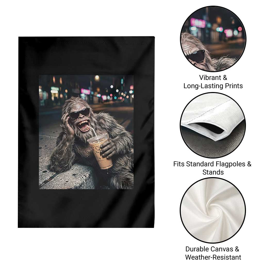 Bigfoot Drinking Iced Coffee Garden Flag Funny Sasquatch Streetwear