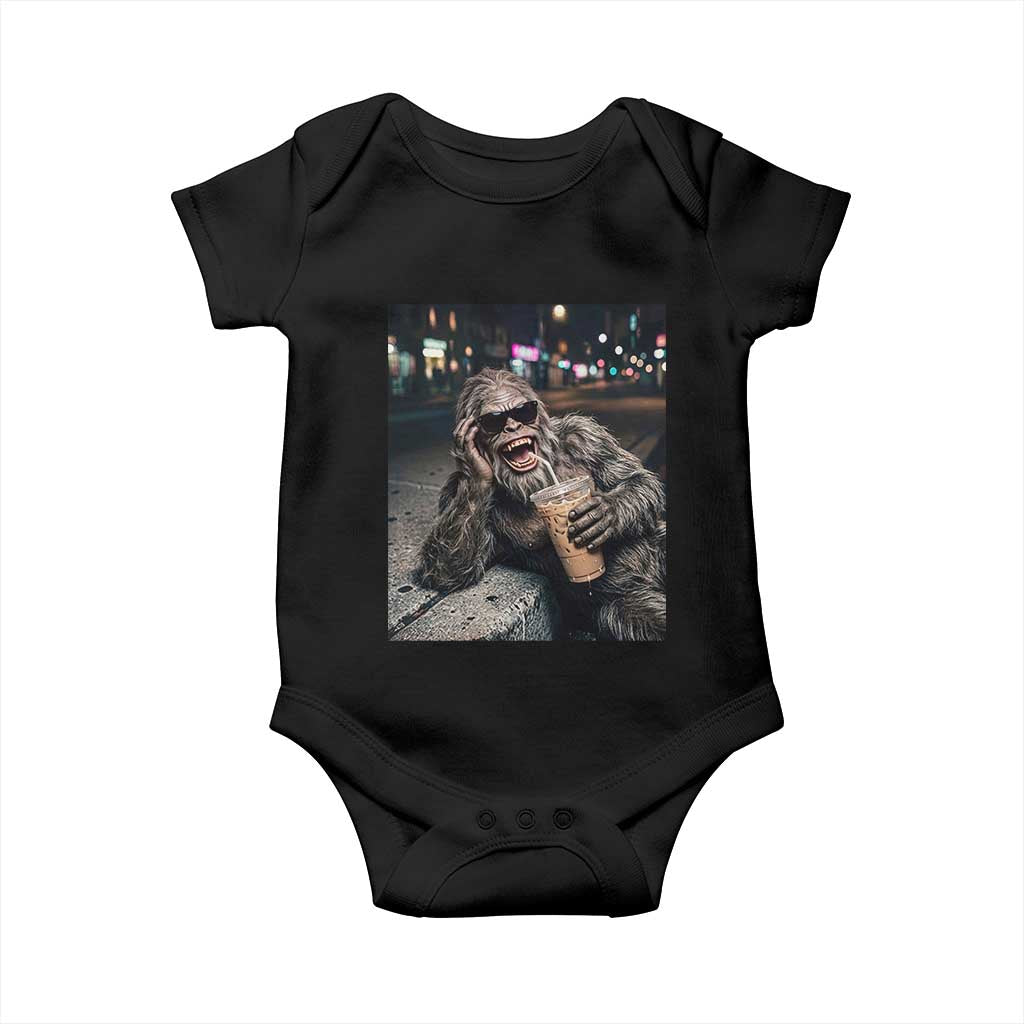 Bigfoot Drinking Iced Coffee Baby Onesie Funny Sasquatch Streetwear