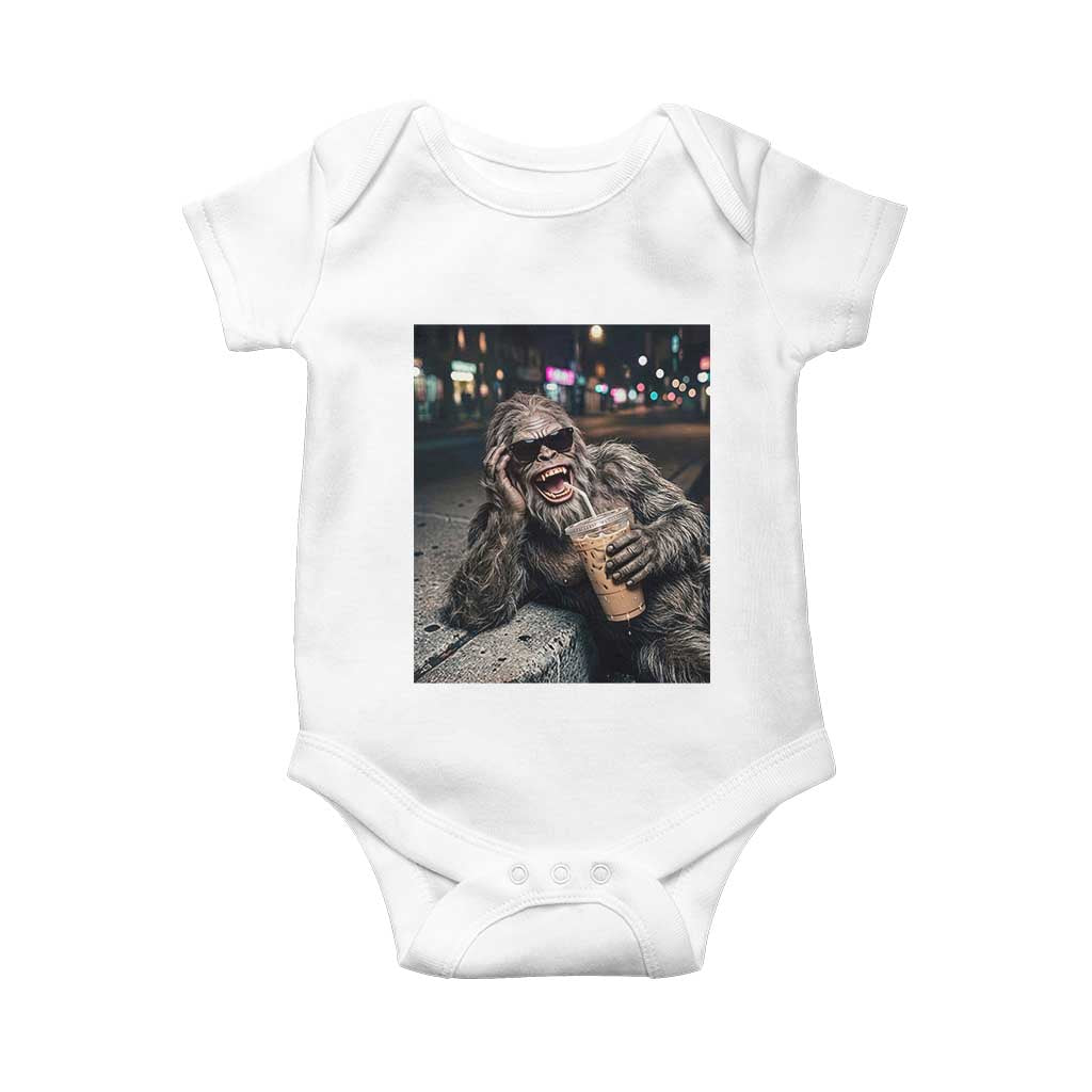 Bigfoot Drinking Iced Coffee Baby Onesie Funny Sasquatch Streetwear
