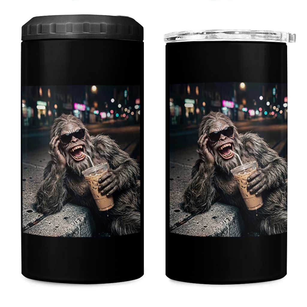 Bigfoot Drinking Iced Coffee 4 in 1 Can Cooler Tumbler Funny Sasquatch Streetwear