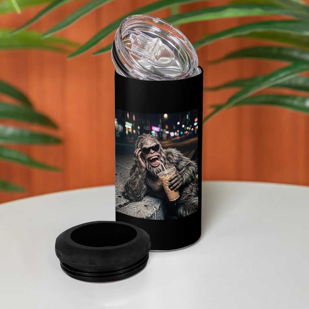 Bigfoot Drinking Iced Coffee 4 in 1 Can Cooler Tumbler Funny Sasquatch Streetwear