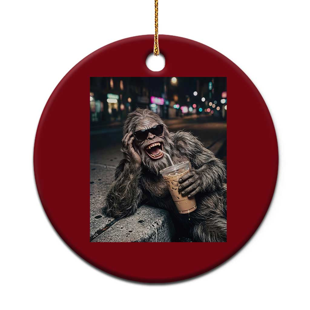 Bigfoot Drinking Iced Coffee Ceramic Ornament Funny Sasquatch Streetwear