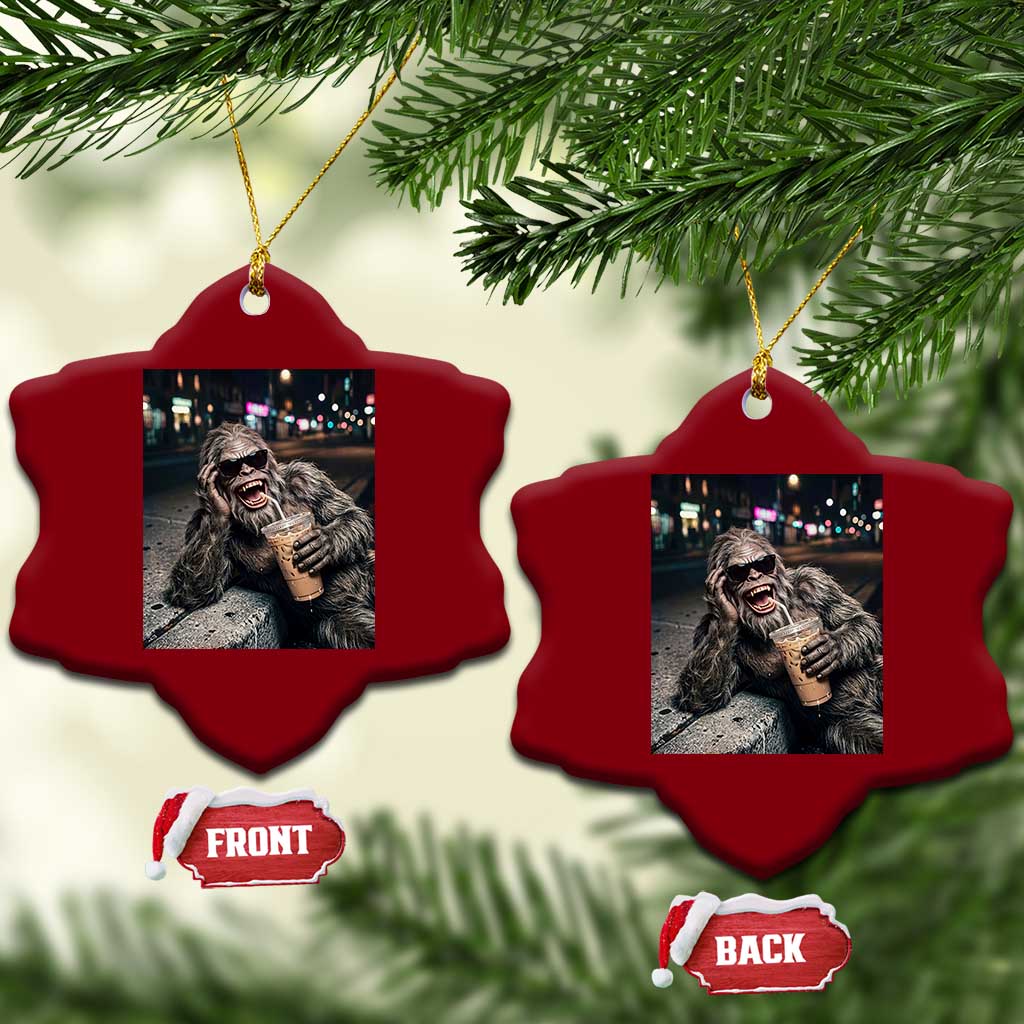 Bigfoot Drinking Iced Coffee Ceramic Ornament Funny Sasquatch Streetwear