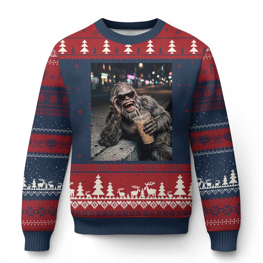 Bigfoot Drinking Iced Coffee Ugly Christmas Sweater Funny Sasquatch Streetwear