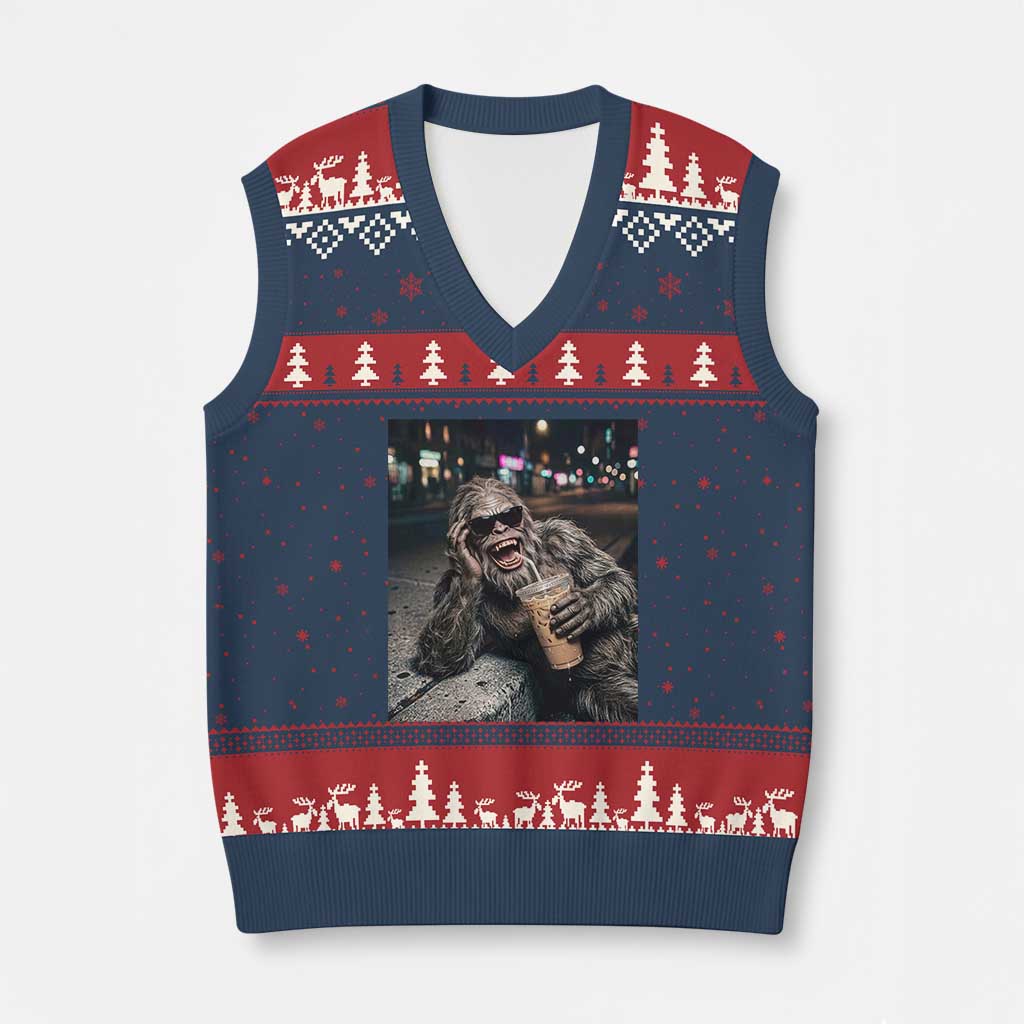 Bigfoot Drinking Iced Coffee V-Neck Knit Sweater Vest Funny Sasquatch Streetwear