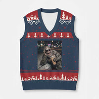 Bigfoot Drinking Iced Coffee V-Neck Knit Sweater Vest Funny Sasquatch Streetwear
