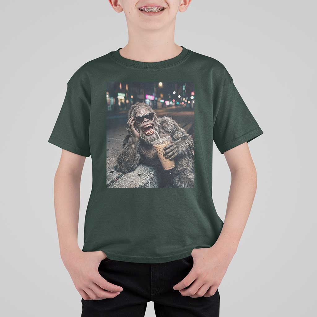 Bigfoot Drinking Iced Coffee T Shirt For Kid Funny Sasquatch Streetwear