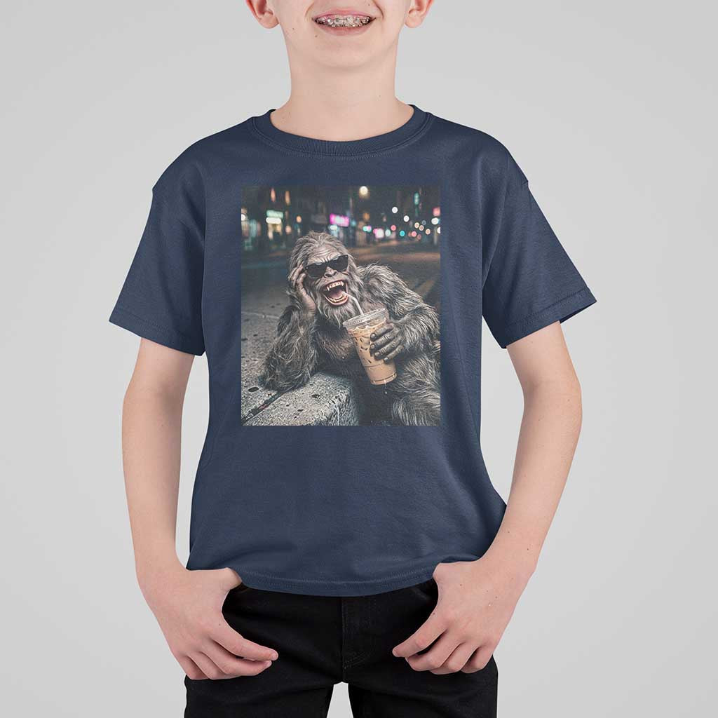 Bigfoot Drinking Iced Coffee T Shirt For Kid Funny Sasquatch Streetwear