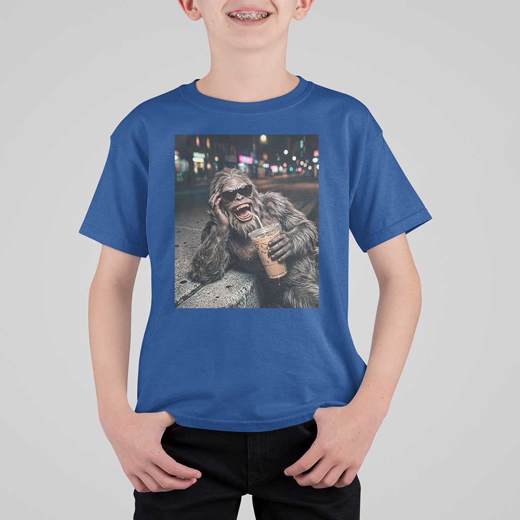 Bigfoot Drinking Iced Coffee T Shirt For Kid Funny Sasquatch Streetwear