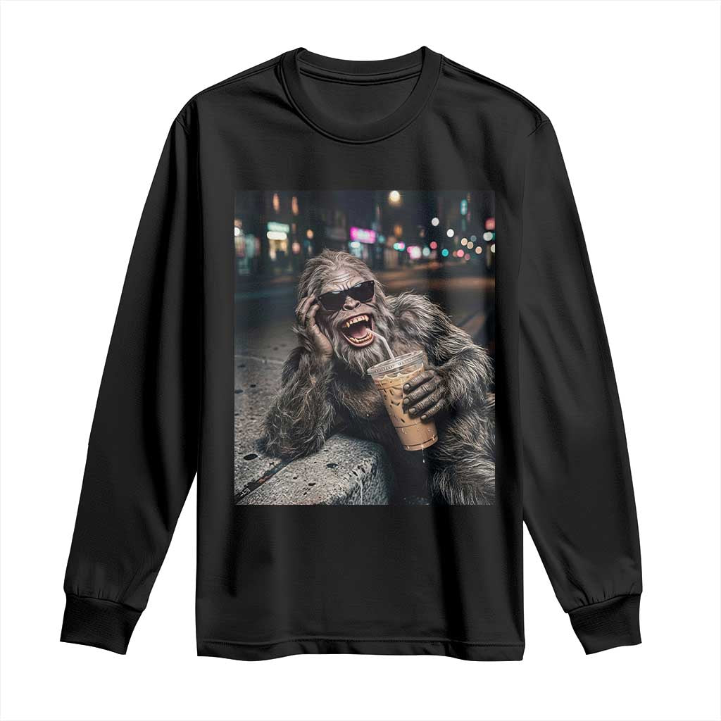 Bigfoot Drinking Iced Coffee Long Sleeve Shirt Funny Sasquatch Streetwear