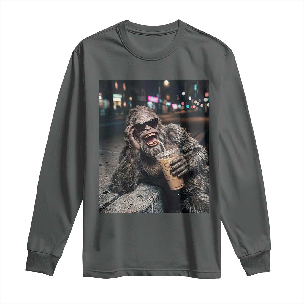Bigfoot Drinking Iced Coffee Long Sleeve Shirt Funny Sasquatch Streetwear