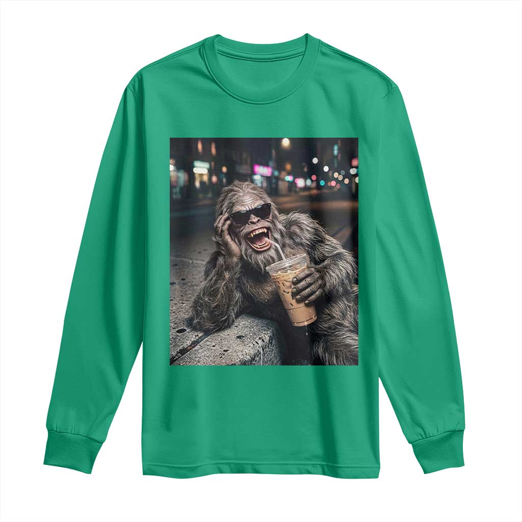 Bigfoot Drinking Iced Coffee Long Sleeve Shirt Funny Sasquatch Streetwear