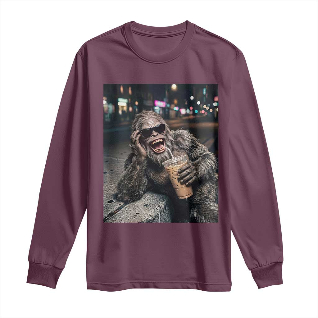 Bigfoot Drinking Iced Coffee Long Sleeve Shirt Funny Sasquatch Streetwear
