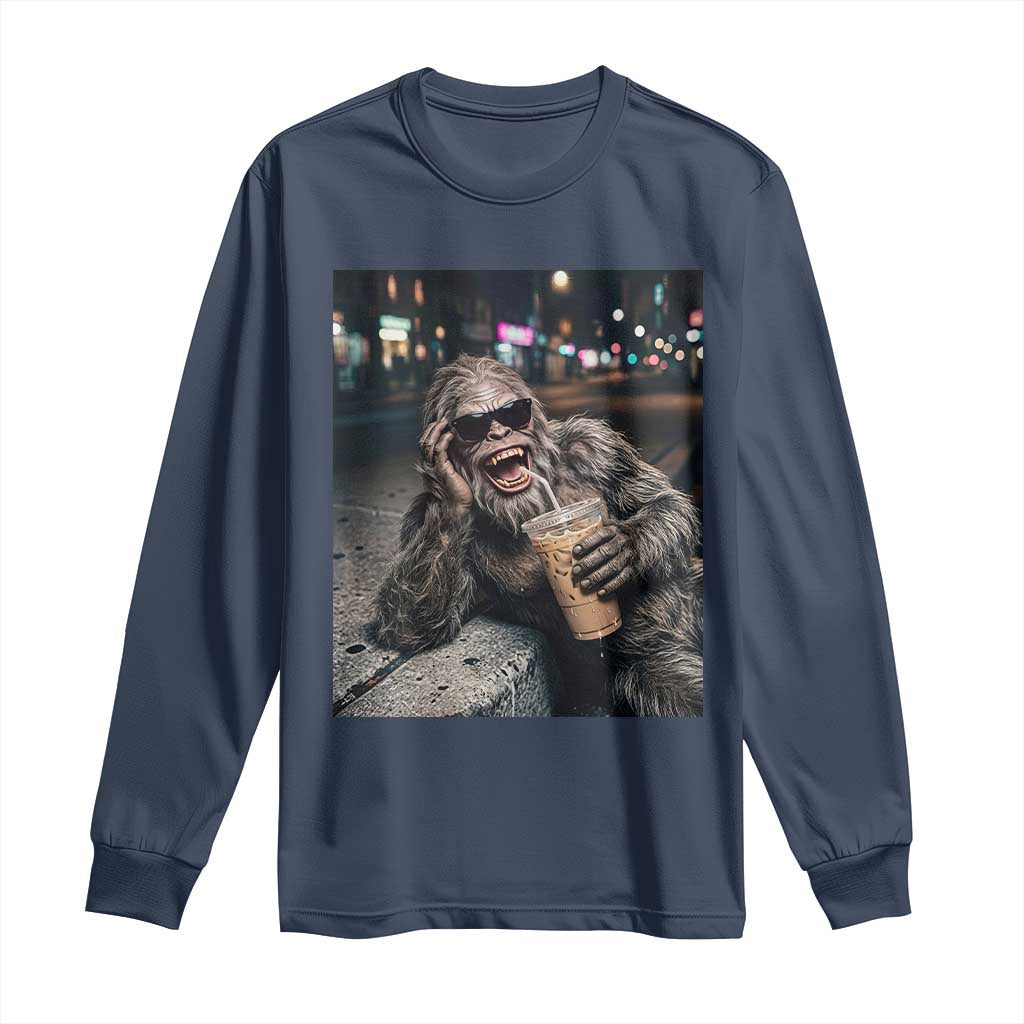 Bigfoot Drinking Iced Coffee Long Sleeve Shirt Funny Sasquatch Streetwear
