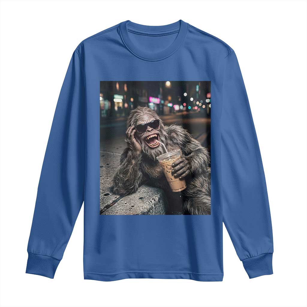 Bigfoot Drinking Iced Coffee Long Sleeve Shirt Funny Sasquatch Streetwear