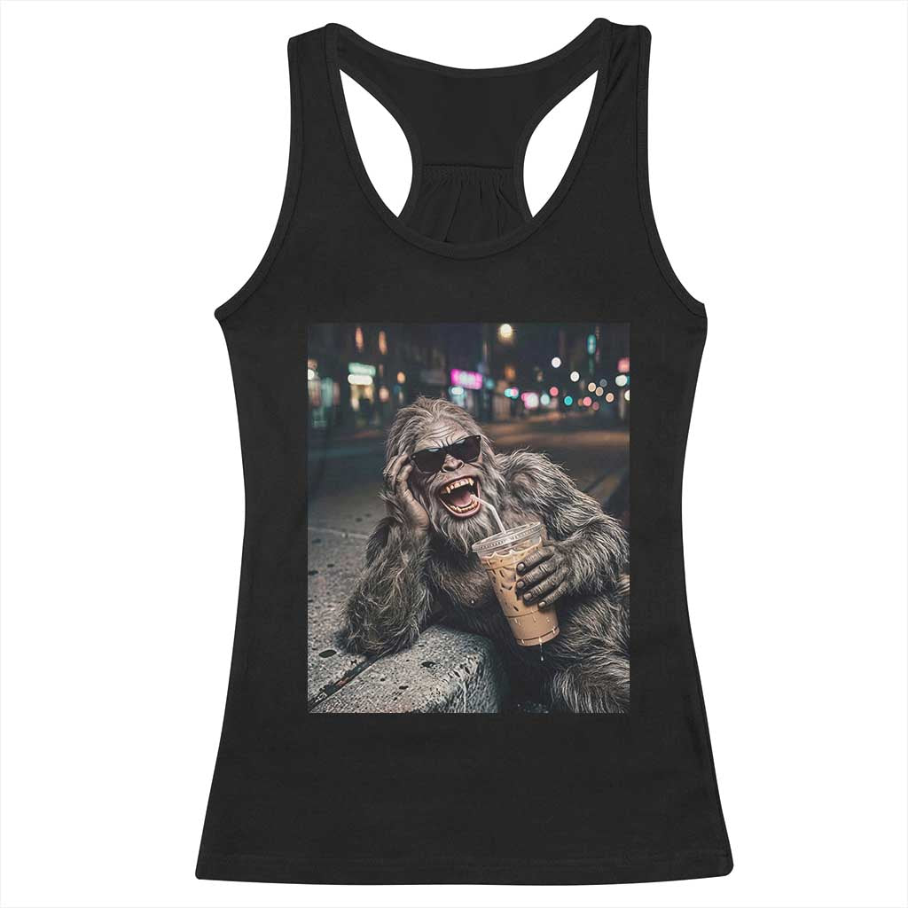 Bigfoot Drinking Iced Coffee Racerback Tank Top Funny Sasquatch Streetwear