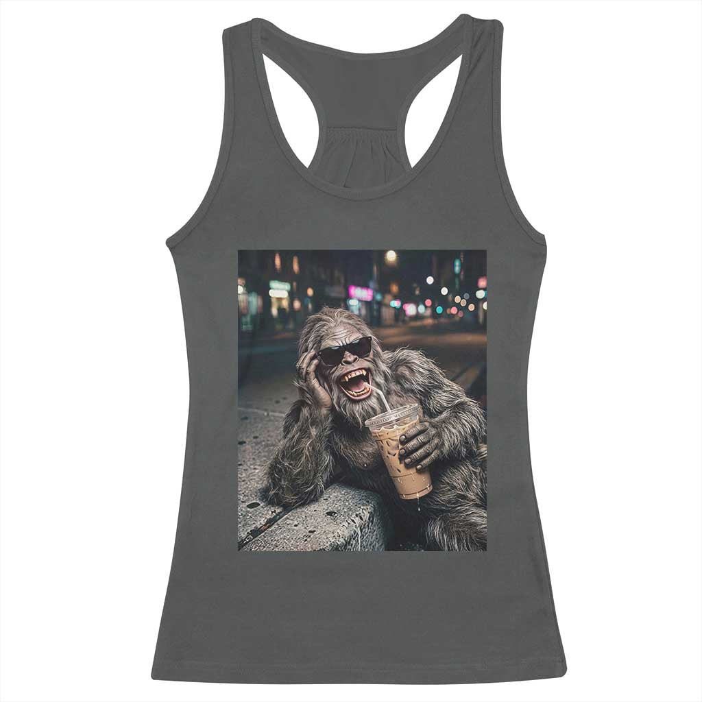 Bigfoot Drinking Iced Coffee Racerback Tank Top Funny Sasquatch Streetwear