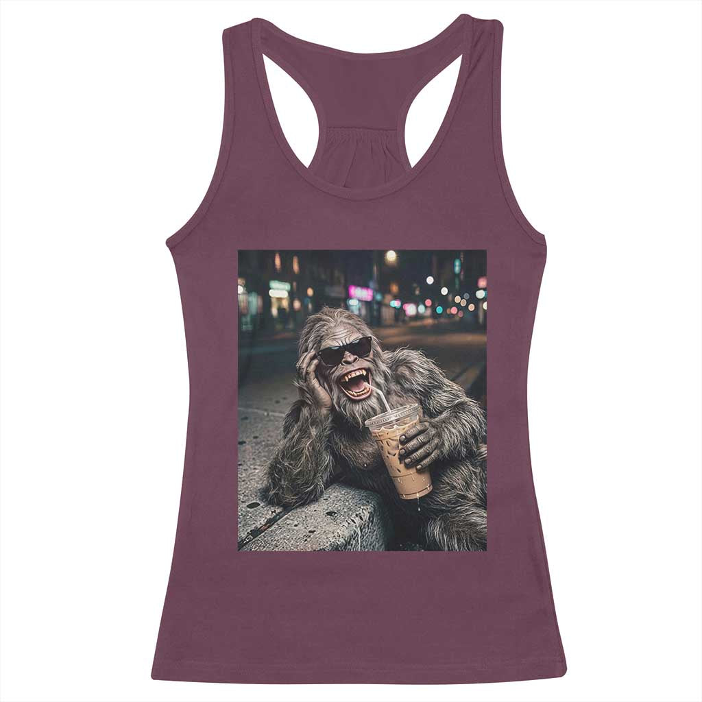 Bigfoot Drinking Iced Coffee Racerback Tank Top Funny Sasquatch Streetwear