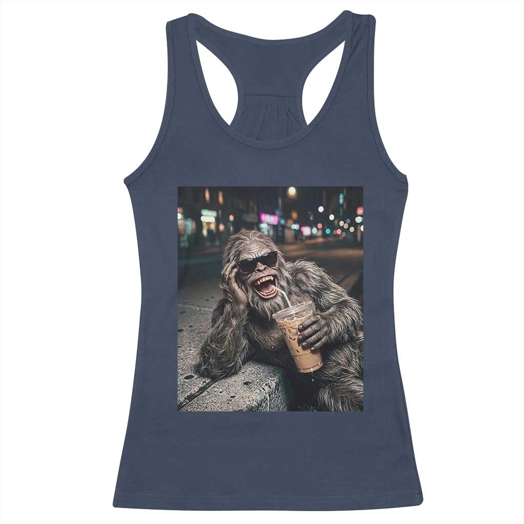 Bigfoot Drinking Iced Coffee Racerback Tank Top Funny Sasquatch Streetwear