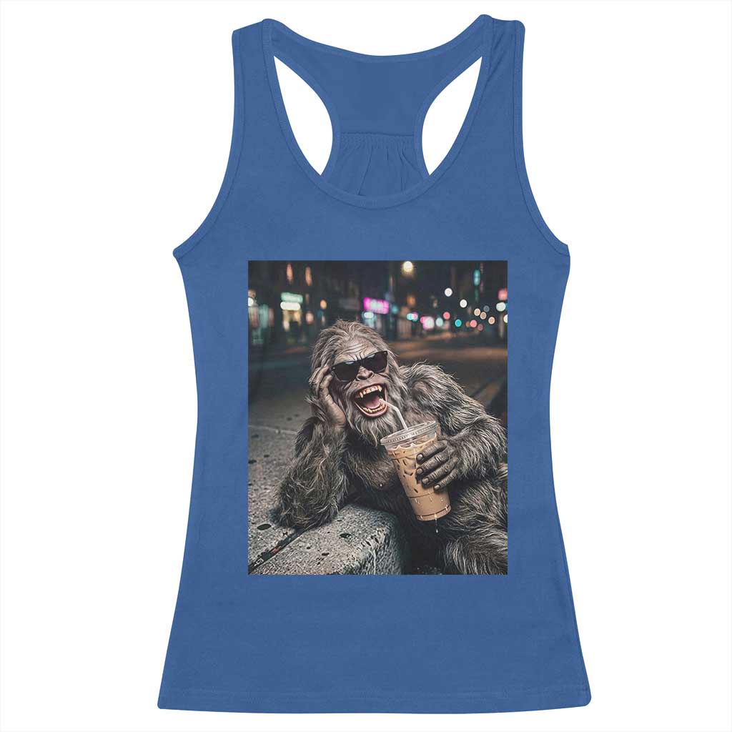 Bigfoot Drinking Iced Coffee Racerback Tank Top Funny Sasquatch Streetwear