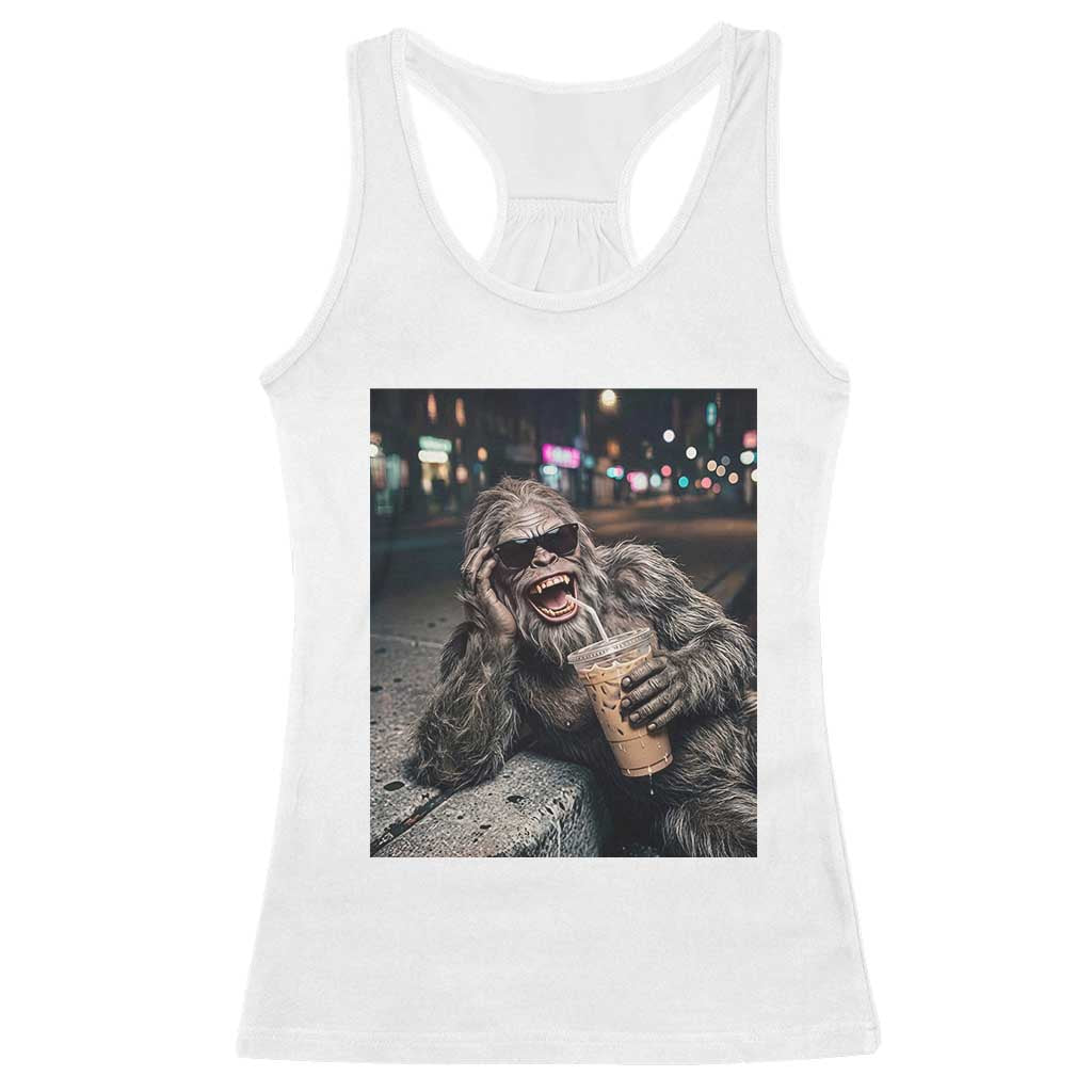 Bigfoot Drinking Iced Coffee Racerback Tank Top Funny Sasquatch Streetwear