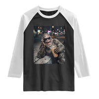 Bigfoot Drinking Iced Coffee Raglan Shirt Funny Sasquatch Streetwear