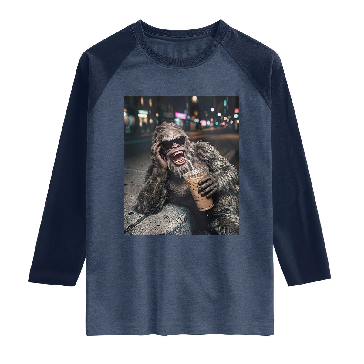 Bigfoot Drinking Iced Coffee Raglan Shirt Funny Sasquatch Streetwear