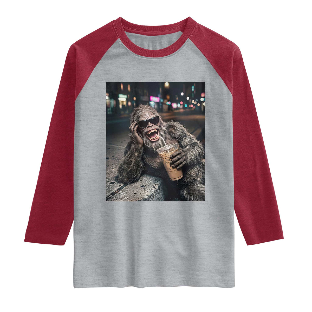 Bigfoot Drinking Iced Coffee Raglan Shirt Funny Sasquatch Streetwear