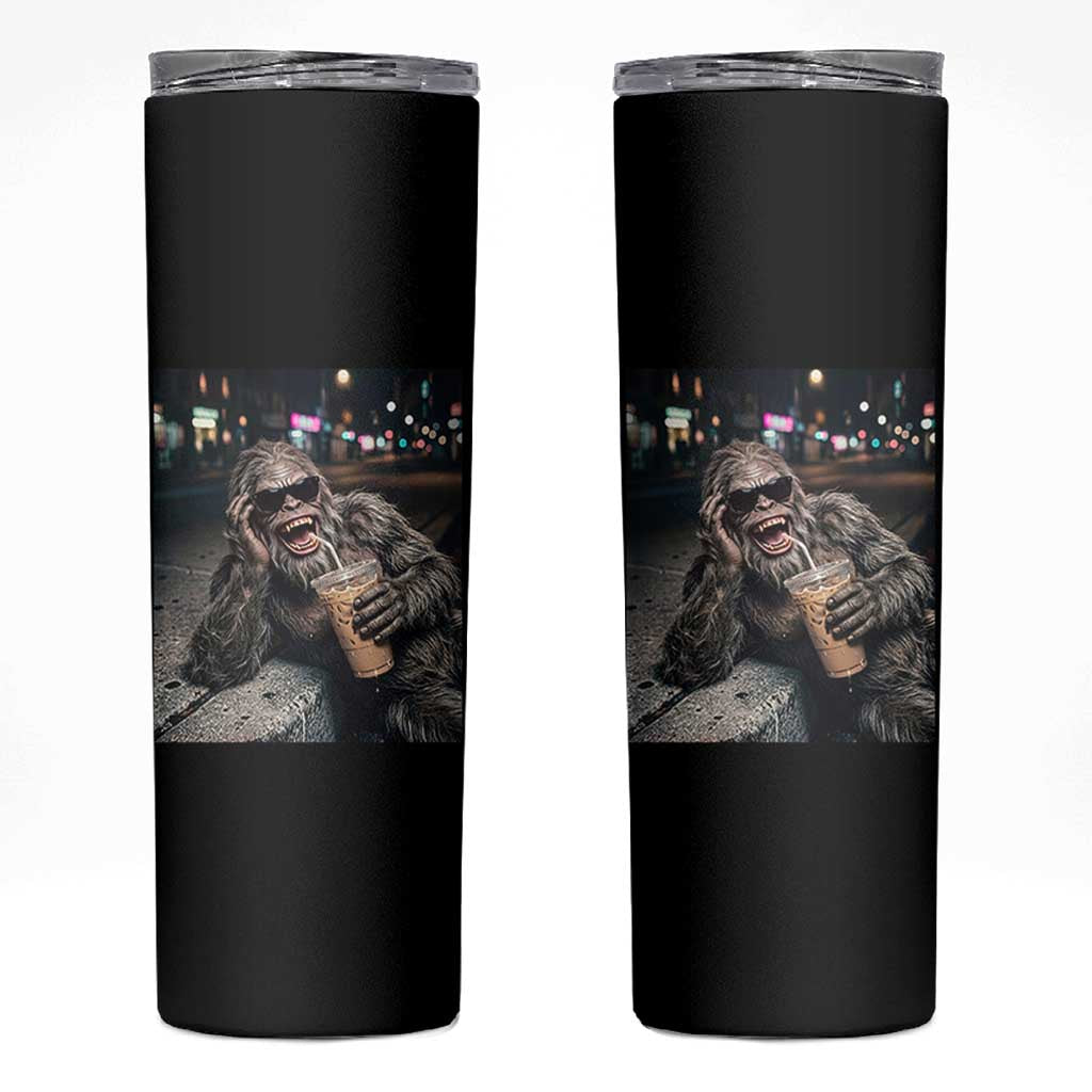 Bigfoot Drinking Iced Coffee Skinny Tumbler Funny Sasquatch Streetwear