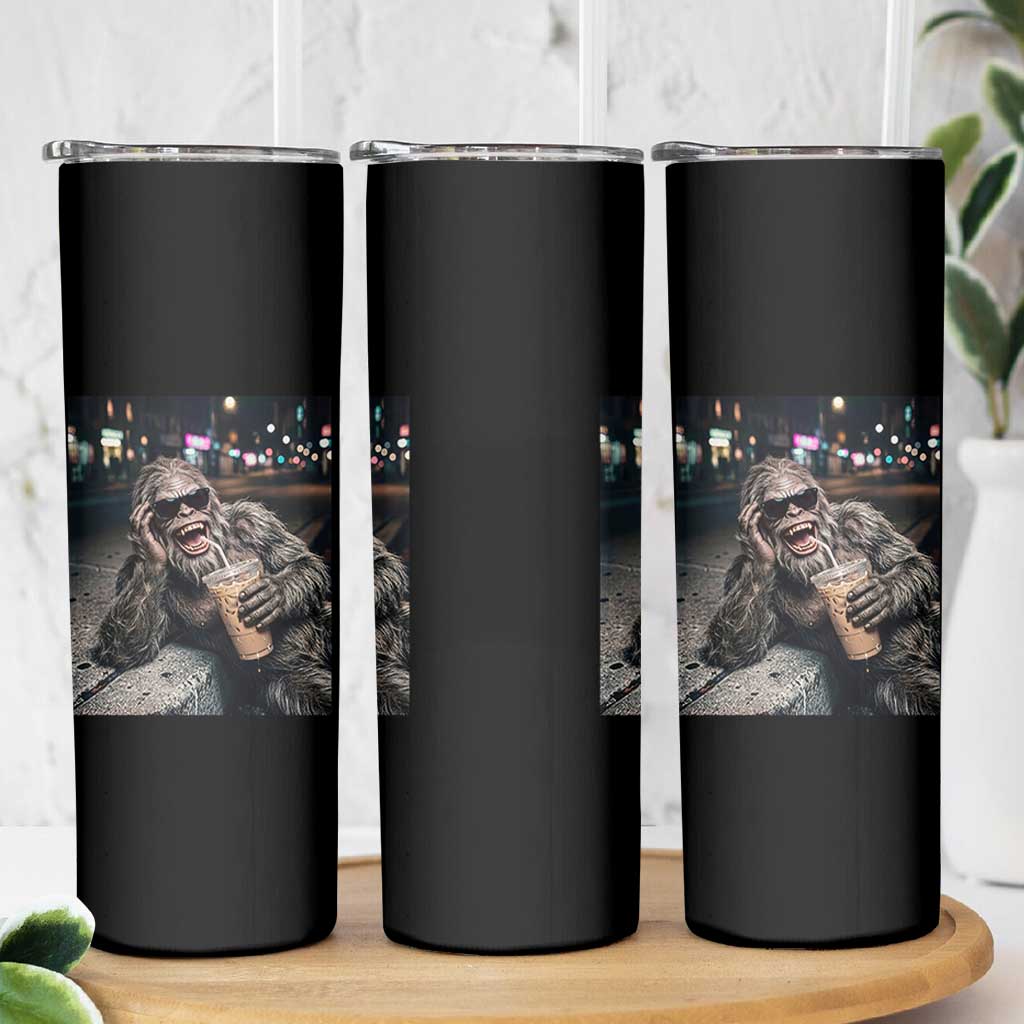 Bigfoot Drinking Iced Coffee Skinny Tumbler Funny Sasquatch Streetwear