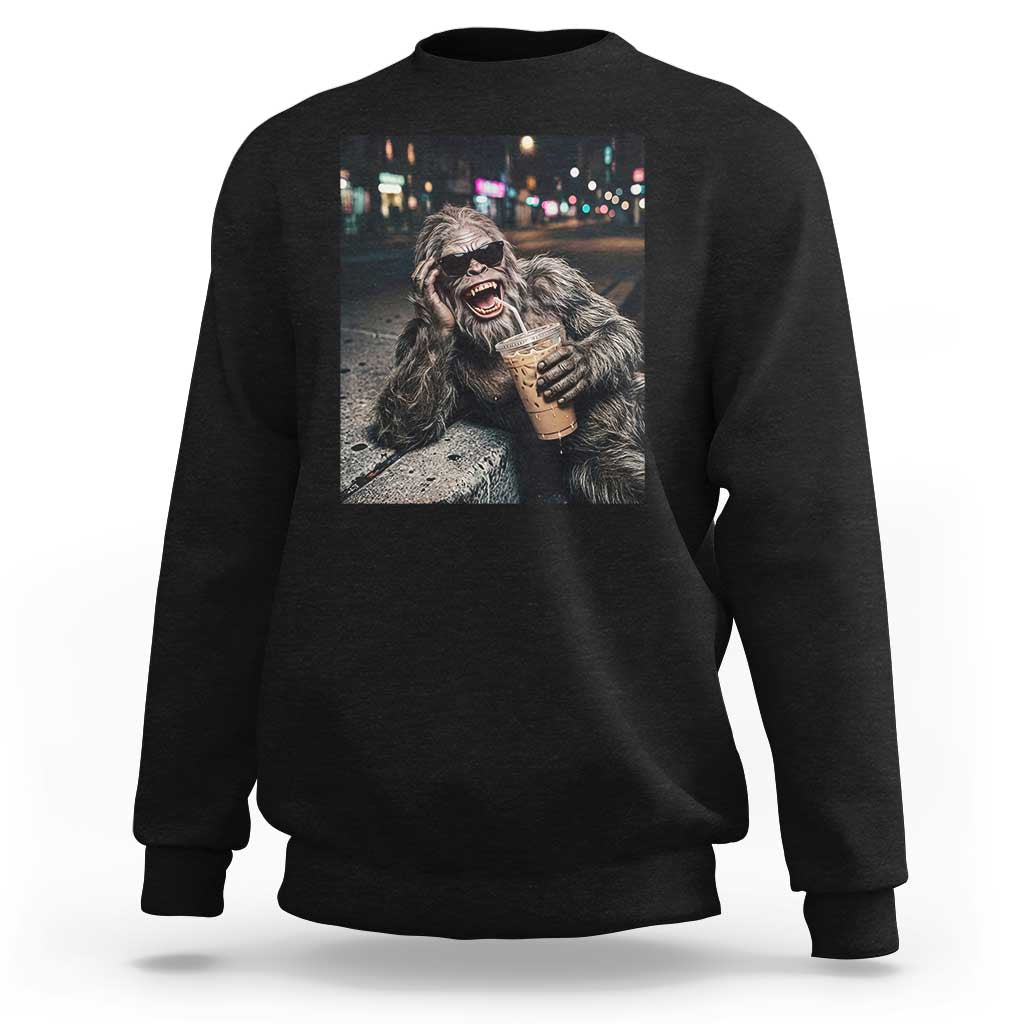 Bigfoot Drinking Iced Coffee Sweatshirt Funny Sasquatch Streetwear