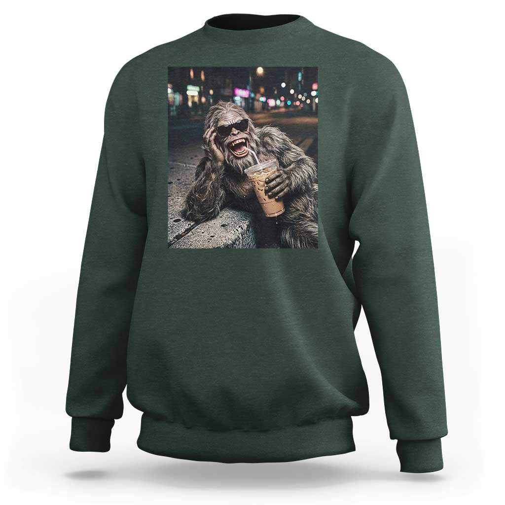 Bigfoot Drinking Iced Coffee Sweatshirt Funny Sasquatch Streetwear
