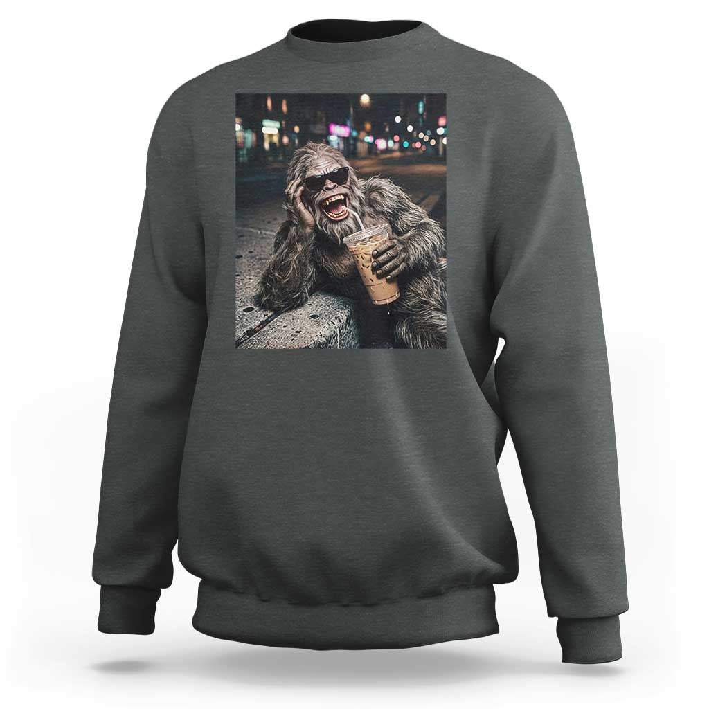 Bigfoot Drinking Iced Coffee Sweatshirt Funny Sasquatch Streetwear