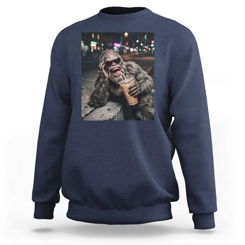 Bigfoot Drinking Iced Coffee Sweatshirt Funny Sasquatch Streetwear