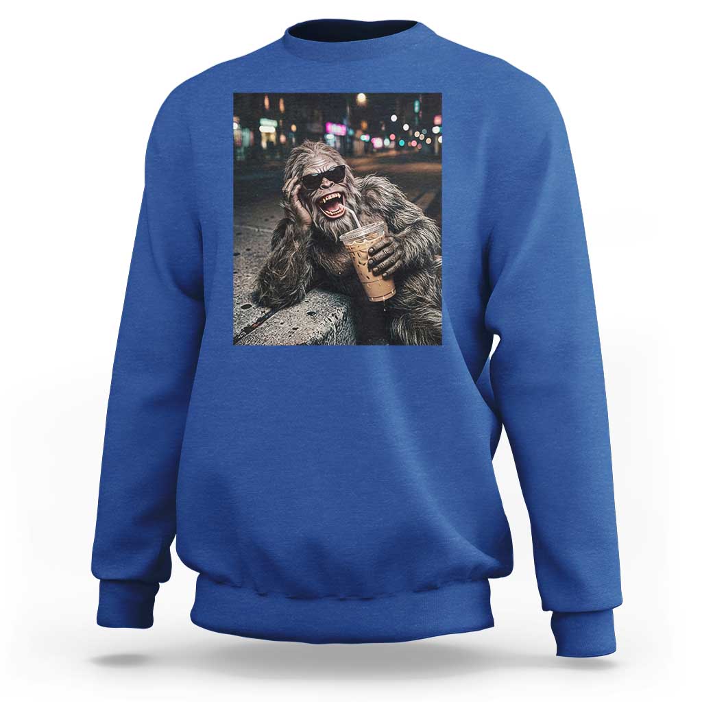 Bigfoot Drinking Iced Coffee Sweatshirt Funny Sasquatch Streetwear