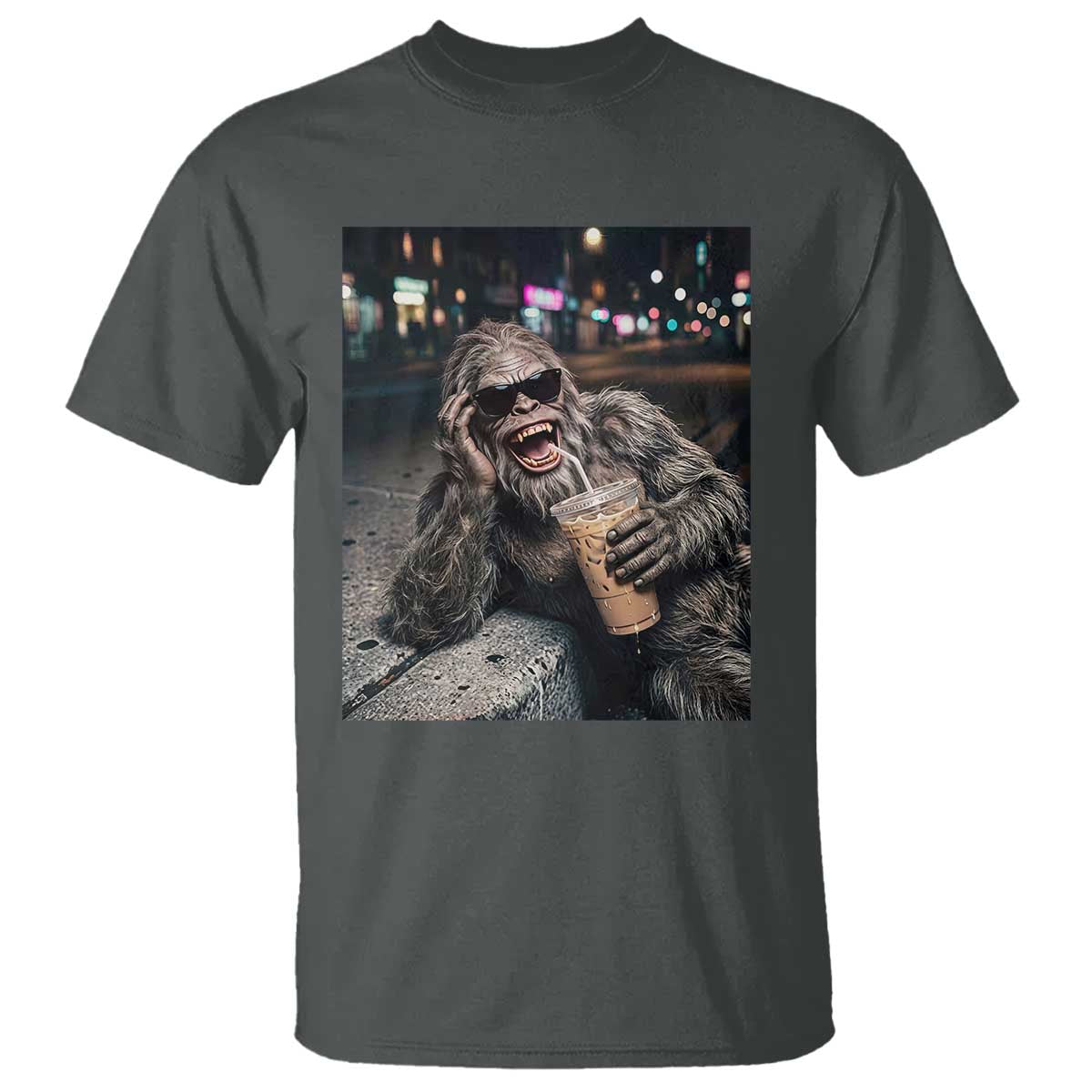 Bigfoot Drinking Iced Coffee T Shirt Funny Sasquatch Streetwear