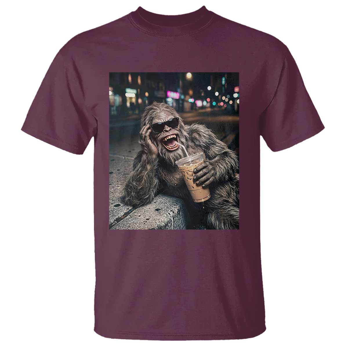 Bigfoot Drinking Iced Coffee T Shirt Funny Sasquatch Streetwear