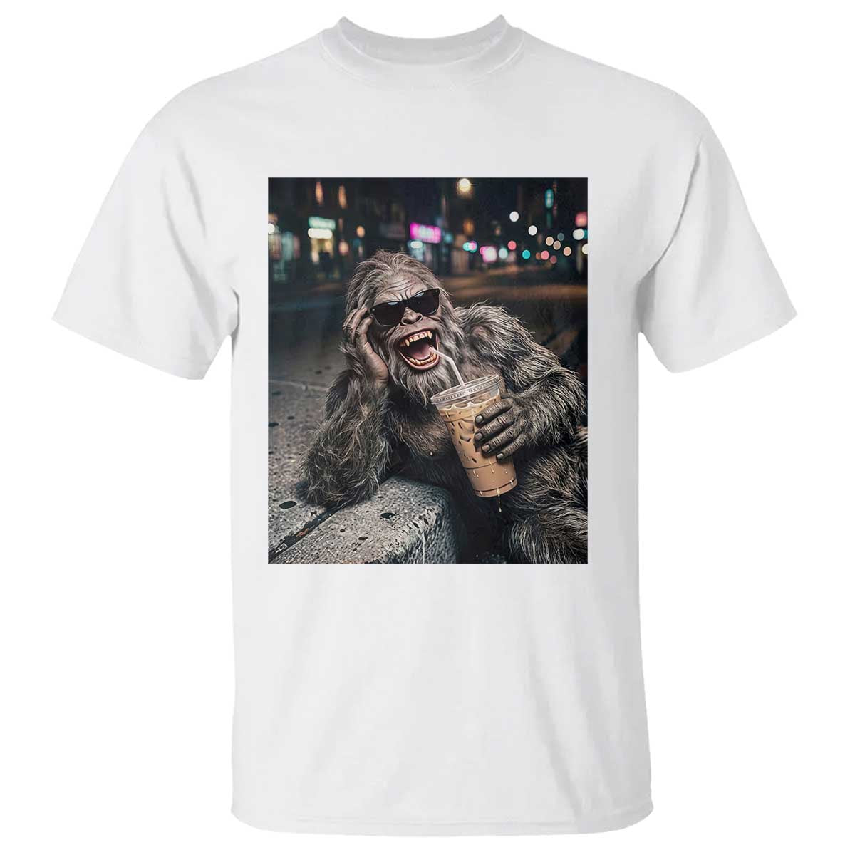 Bigfoot Drinking Iced Coffee T Shirt Funny Sasquatch Streetwear