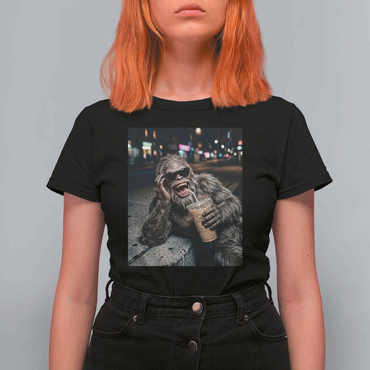 Bigfoot Drinking Iced Coffee T Shirt For Women Funny Sasquatch Streetwear